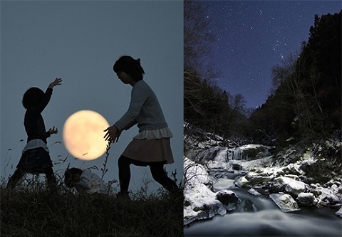 第５回ふくしま星・月の風景フォトコンテスト<br />
（左）大賞作品「月と遊ぶ」撮影：丹野順子<br />
（右）審査員特別賞作品「春を待つころ」撮影：山内壮介