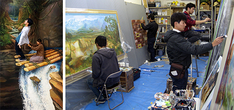 左：トリックアート「ジャングル探検」、右：トリックアート制作風景