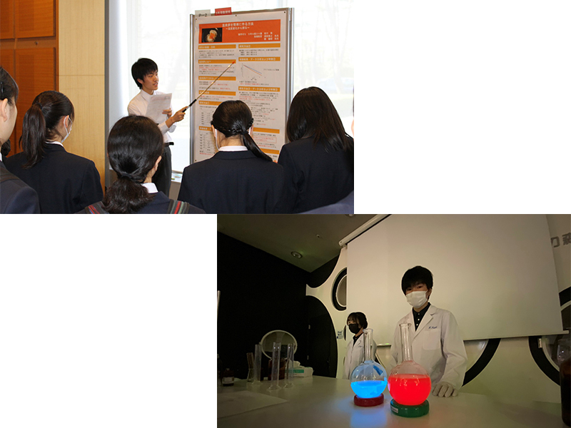 写真左上：発表の様子Ⓒ茨城県立並木中等教育学校<br />
写真右下：サイエンスショーの様子Ⓒ茗渓学園中学校高等学校